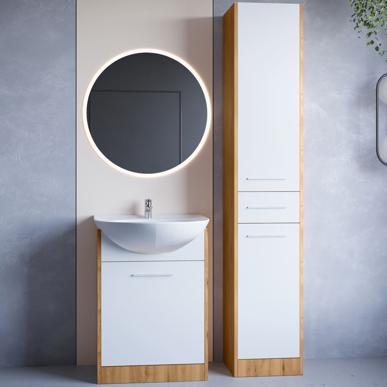 Fürdőszoba bútor tükörrel NEPPA LONG LED artisan / fehér laminált